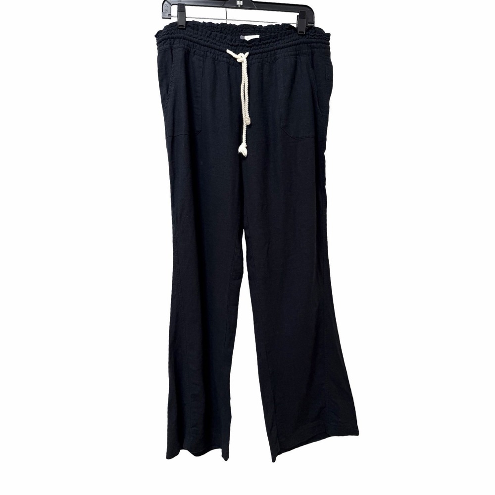 ROXY Womens Linen Oceanside Linen Blend Pants Size L Black Coastal Beachy Resort